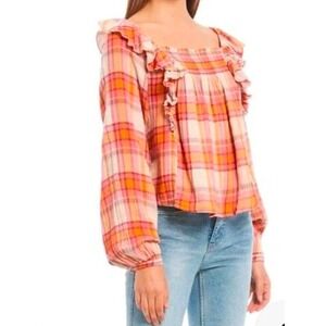 We The Free Orange Top Size M Plaid Square Neck Smocked Gauze Ruffle Long Sleeve